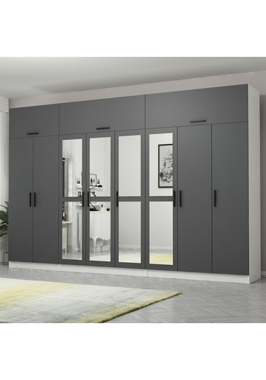 Minar Kale 8 Kapaklı 4 Aynalı 4 Ç Dolap Ve Yüklük Beyaz Antrasit 255cm