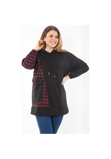 Kadın Büyük Beden Siyah Ekose Garnili Kapşonlu Sweatshirt 65n37289-siyah Siyah