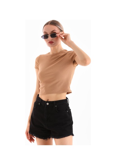 Kadın Likralı Kısa Kol Crop Bluz CAMEL