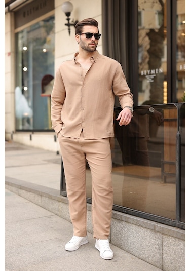 Madmext Camel Gömlek Pantolon Erkek İkili Takım E7322 Camel