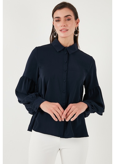 Lela Regular Fit Dikiş Detaylı Düz Yaka Balon Kol Bayan Gömlek 611Go00003 Lacivert