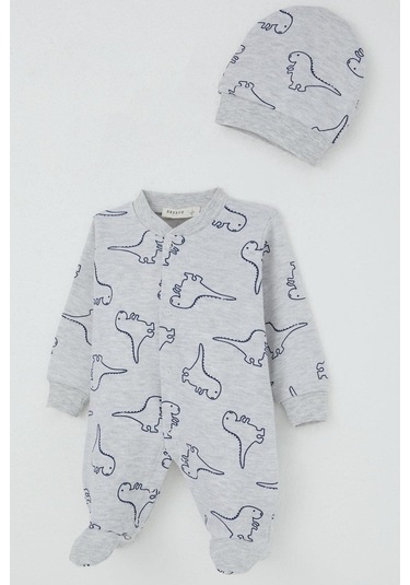 Breeze Erkek Bebek Patikli Tulum Sevimli Dinozor Desenli 0-6 Ay, Açık Gri Melanj Açık Gri Melanj
