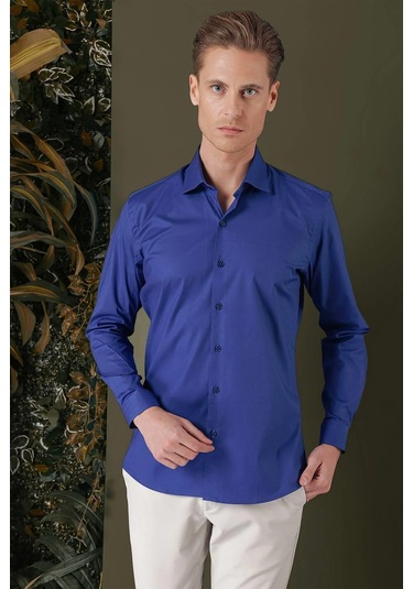 Gk 709 Slim Fit Gece Mavisi Klasik Gömlek Mavi