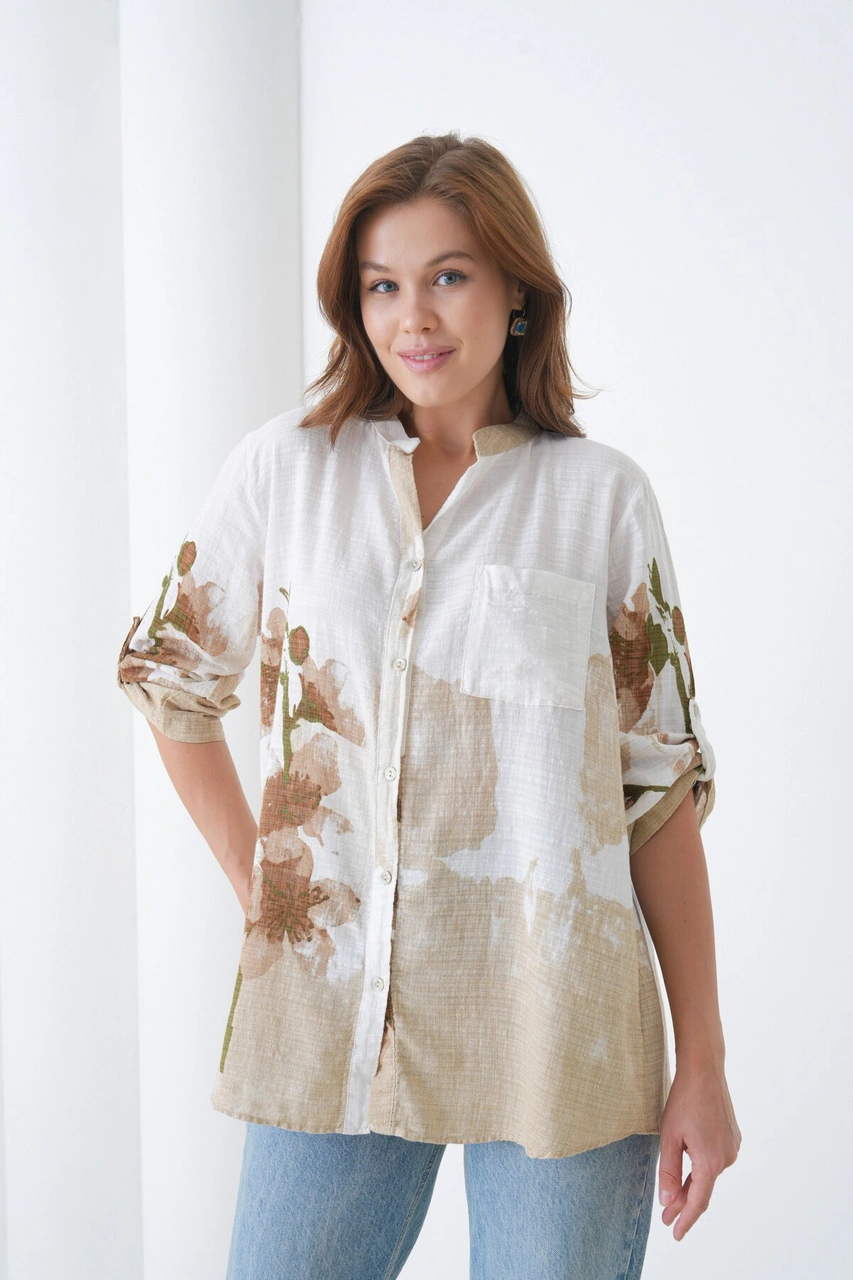 Kadın Tesettüre Uygun Uzun Kol Pamuk Şık Büyük Beden Desenli Curve Rahat İtalyan Keten Gömlek Kahverengi