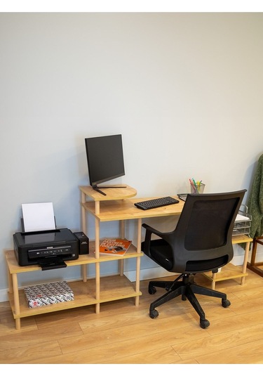 Çalışma Masası 5 Raflı Ahşap Ayaklı Dekoratif Modern Bilgisayar Ofis Masası - Safir Meşe-köşe Çalışma Masası 5 Raflı Ahşap Ayaklı Dekoratif Modern Bilgisayar Ofis Masası - Safir Meşe-köşe