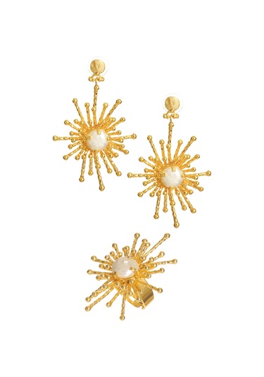 Labalaba Kadın Altın Renk Kaplama İnci Detaylı Büyük Güneş Yüzük& Küpe Seti Altın