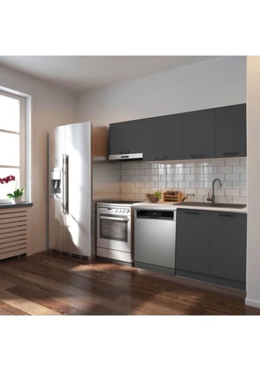 Ullza Hazır Mutfak Dolabı 200 Cm Beyaz Laminat Tezgah Dahil-bulaşık Makinesi Yeri Mevcut-mat Antrasit