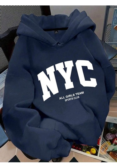 Nyc Baskılı Kapüşonlu Oversize Sweatshirt Lacivert-sw