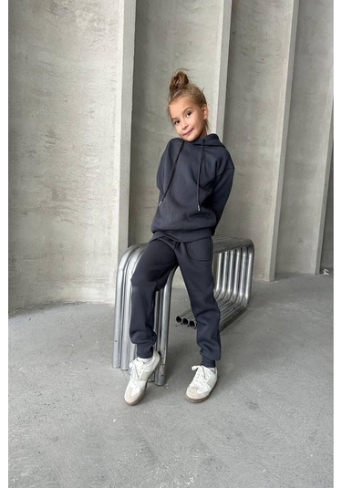 Üç İplik Kapüşonlu Yeni Sezon Şardonlu Takım Gri