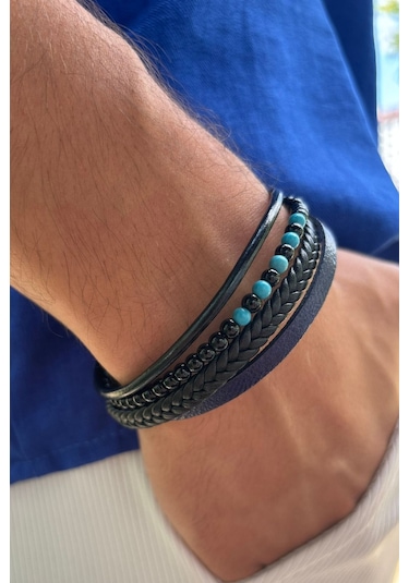 Taşlı Örgülü El İşçiliği İle Üretilmiş Hakiki Deri Erkek Bileklik Mavi - Siyah