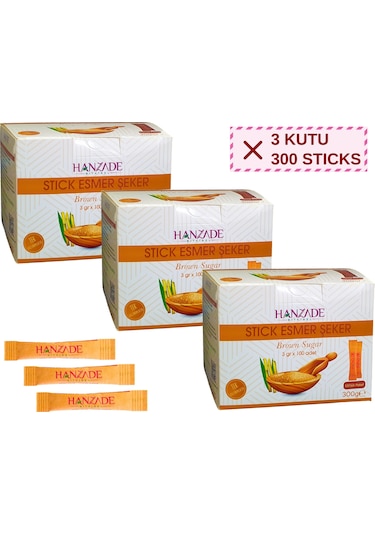 Hanzade Bitkisel Stick Esmer Şeker 100 Sticks 300 G x 3 Adet