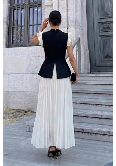 Lodmela Omuz Fırfırlı Pliseli Abiye Elbise 6047-siyah/ekru