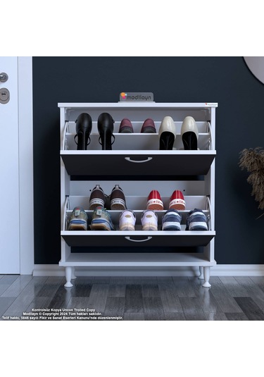 Modilayn Umay Antre Hol 72x 90x 26 Cm Lik 2 Düşer Kapak 4 Göz Bölmeli Ayakkabılık Antrasit - Beyaz