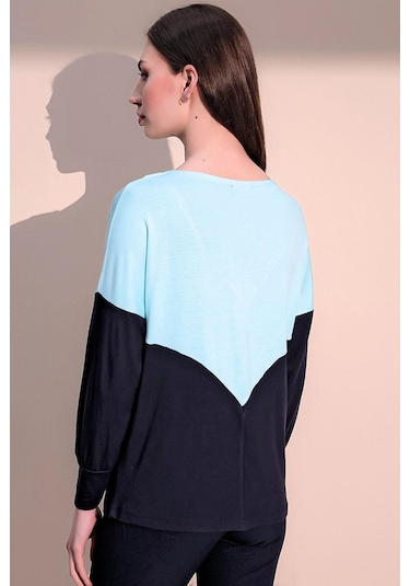 WeShaya Kadın Mint V Yaka Color Block Basic Salaş - Rahat Penye Bluz Mint
