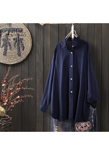 Lacivert Zanzea Vintage Kadın Yaka Boyun Düğmesi Ön Tunik Gömlek Gevşek Rahat Uzun Kollu Düzensiz Bluz Üstleri L Lacivert