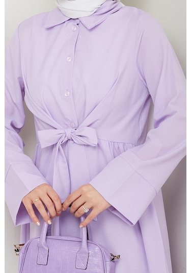 Renda Belden Bağlamalı Elbise 1467 - Lila Lila