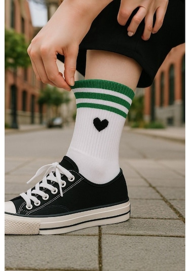 Kadın 5 Çift Premium Kalite Çizgili Kalp İşlemeli Tenis Soket ASORTİ