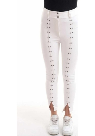 Munn Collection Beyaz Taş İşlemeli Deri Tayt Beyaz