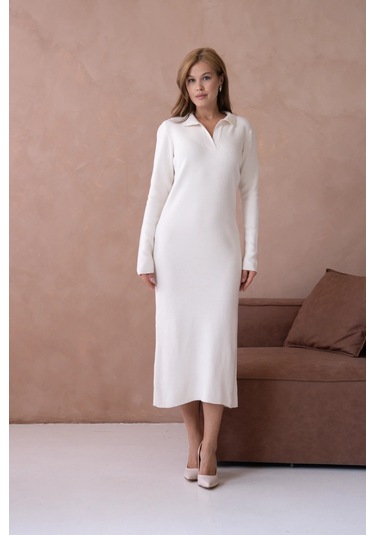 Kadın Polo Yaka Yamuşak Dokulu Maksi Boy Triko Elbise Taş