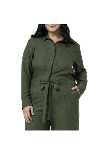 Büyük Beden Beli Tünelli Ve Arkadan Lastikli Geniş Paça Haki Tulum Haki