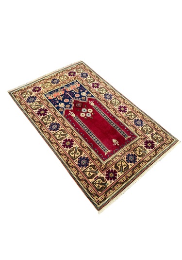 El Dokuma Vintage Eskitme Bünyan Halısı Seccade 86x130 Kırmızı Krem Kırmızı