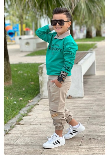 Modavals Gömlek Yaka Sweatshırt Ve Gabardin Kargo Pantolon Erkek Çocuk Kombin Yeşil