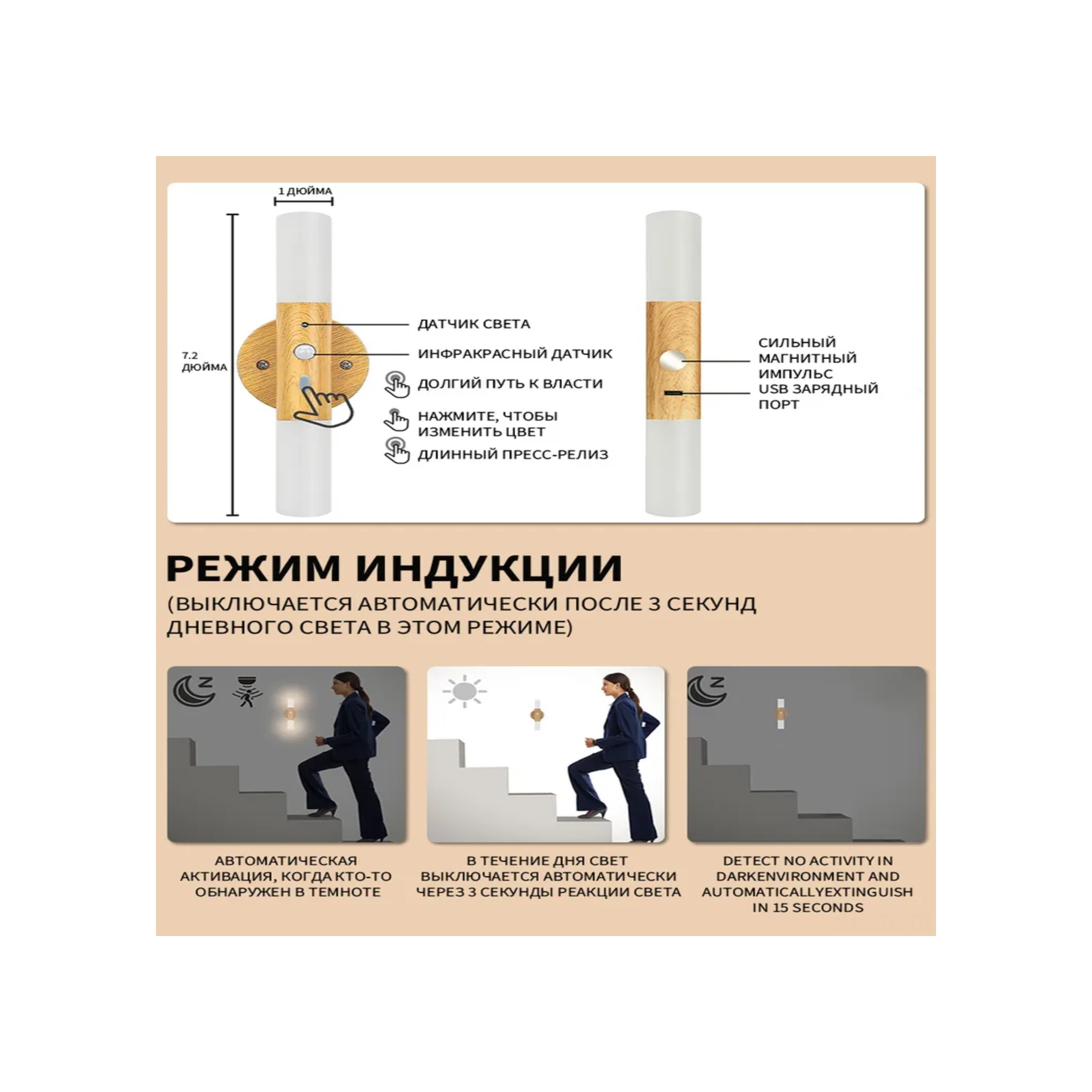 Skycity Usb Şarjlı Akıllı İnsan Algılayıcı Dairesel Açılıklı Akrilik Duvar Lambası, Staircase Koridor Işığı, Sürekli/algılama Modu Ahşap