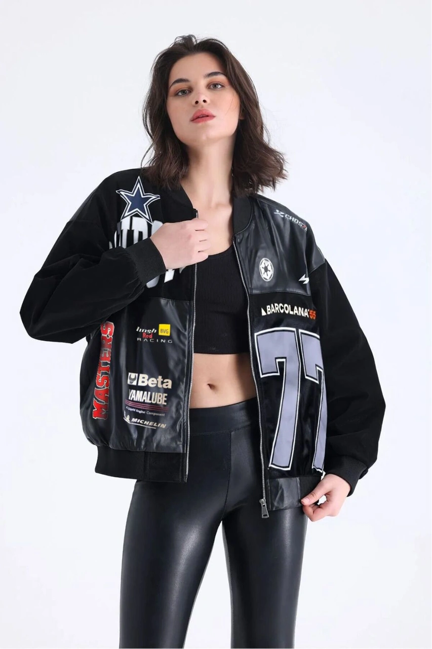Kadın Oversize Baskılı Deri Motorcu Montu Fermuarlı Yarışçı Ceket Astarlı Bomber Kolej Mont Siyah