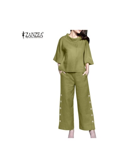 Zanzea Pamuklu Kıyafetler Bayan Bluz Ve Pantolon Yaz İki Parçalı Takım Elbise Set Mavi