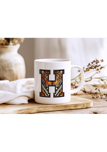 H Harfi Kaplan Figürlü Nakış Desenli Kupa Bardak - Kişiye Özel Vahşi Hayvan Desenli Kupa - Hediye Beyaz