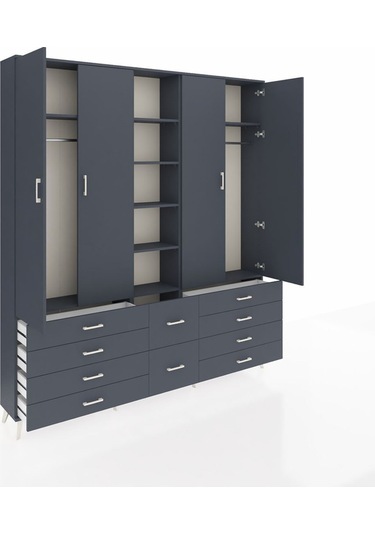 Arges Dolap 9 Raflı 10 Çekmeceli 2 Askılı 220x30x243 Antrasit-antrasit/antrasit Antrasıt/antrasıt