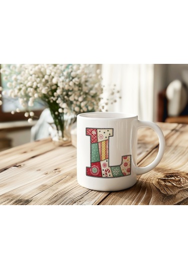 L Harfi Yılbaşı Temalı Kupa Bardak - Yeni Yıl Konsept Yamalı Efekt Tasarım - Noel Hediye Beyaz