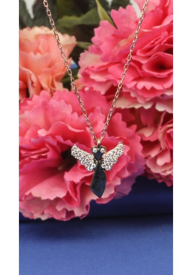 Nusret 925 Ayar Gümüş Melek Modeli Kolye Pembe Siyah - Beyaz Taş