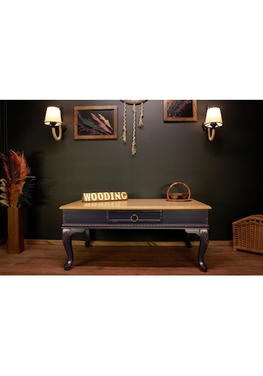 Wooding 120 Cm Masif Naturel Lacivert Oymalı Orta Sehpa