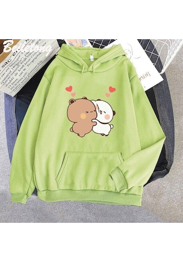 Açık Yeşil Kawaii Hoodie Panda Ayı Karikatür Bubu Dudu Baskı Kız Büyük Boy Kazak İlkbahar/sonbahar Açık Mavi Uzun Kollu Cep Tops Açık Yeşil