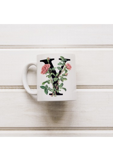 Y Baş Harf Kırmızı Güller İle Sarılı Bardak 330 Ml Kişiye Özel Çiçekli Hediye Beyaz
