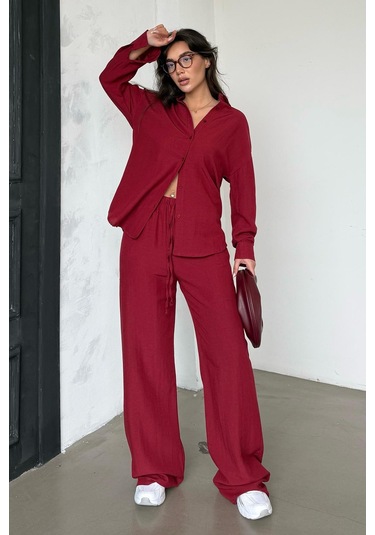 Madmext Kırmızı Keten Kadın Gömlek Pantolon İkili Takım Mg2356 Kırmızı