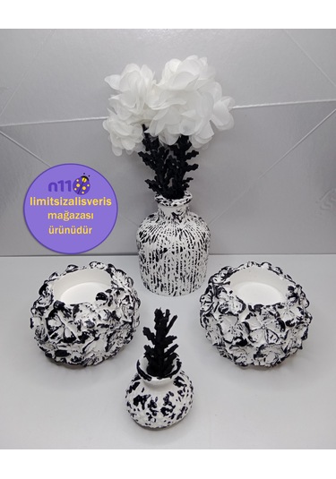 Siyah Beyaz Dekoratif Biblo Mumluk Vazo Takımı Çiçekler Dahildir Siyah Beyaz