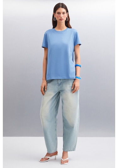 Samantha Kadın %100 Organik Pamuklu Comfort Fit Arkası Uzun Basic Örme Indigo T-shirt