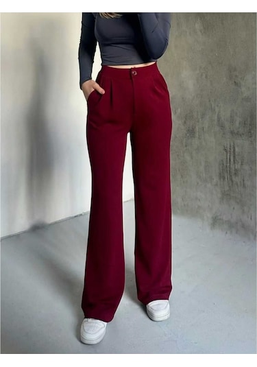 Nevege Butik Kadın Örme Kumaş Full Likralı Düğmeli Palazzo-bordoo02 Bordo0102 Bordo