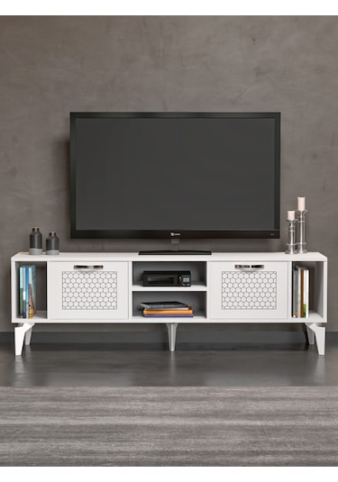 Tv Sehpası 160 Cm Modern Çok Amaçlı Dolaplı Raflı Televizyon Ünitesi Linya Gümüş Beyaz