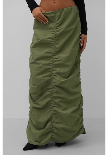 Büzgü Detay Maxi Etek Haki
