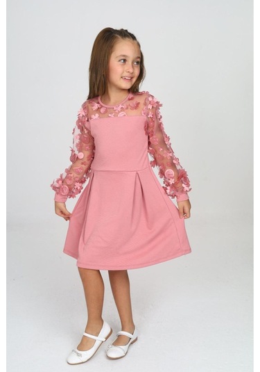 Tül Detaylı Siyah Elbise 2 Pembe