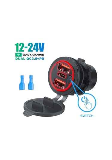 Kırmızı Araba Şarjı Çift Usb C Pd Bağlantı Noktaları Telefon Hızlı Qc3.0 Otomatik Adaptör Telefon 12v/24v Dokunmatik Anahtar İle Motosiklet Araba İçin