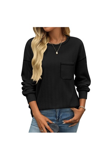 Hnxc Kadın Modası Rahat Sonbahar Kış Düz Renk Baskılı Uzun Kollu O Yaka Bluzlar Ve Gömlekler Siyah
