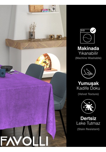 Kadife Dokulu Menekşe Moru Masa Örtüsü Menekşe Moru