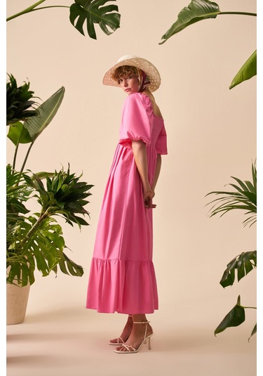 Balon Kol Form Maxi Elbise Pembe