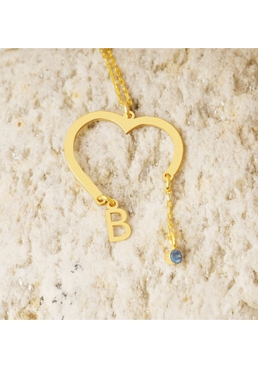 Dkmn Gümüş Kalp Şekilli Harfli ve Doğum Taşlı 925 Ayar Gümüş Kolye