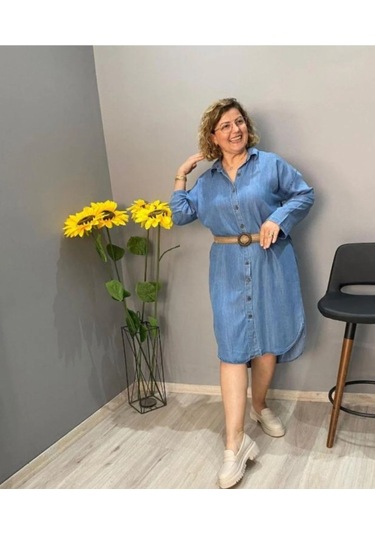 Kısmet Sepeti Kadın Büyük Beden Jean Kumaş Mavi Gömlek Elbise Siyah
