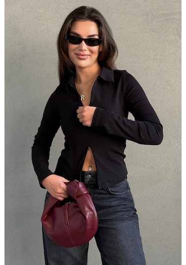 Siyah Polo Yaka Çift Fermuarlı Slim Fit Kadın Body Mg2652 Siyah
